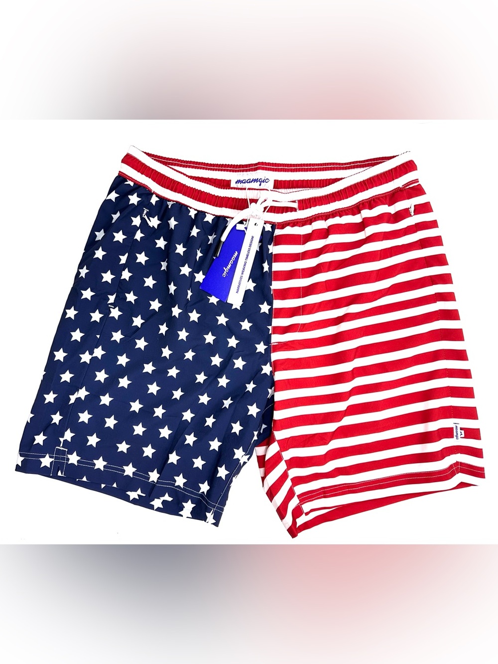 Maamgic American Flag Asymmetrical Patriotic Swim Trunks L NWT